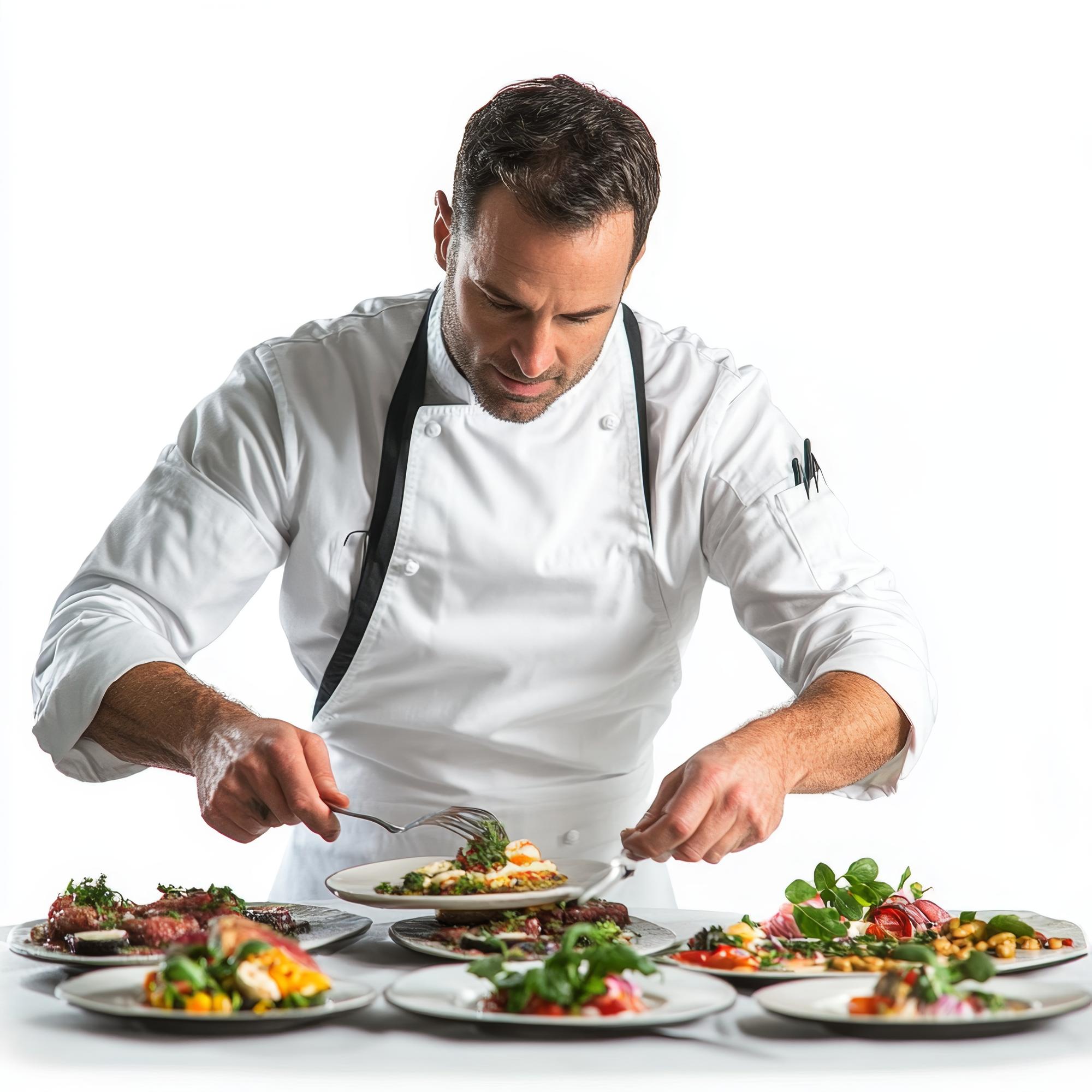 Chef che impiatta un piatto gourmet in cucina moderna